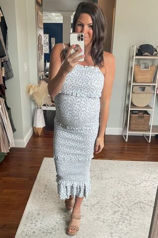 PinkBlush Floral Chiffon Smocked Tiered Square Neck Maternity Midi Dress in Saudi Arabia