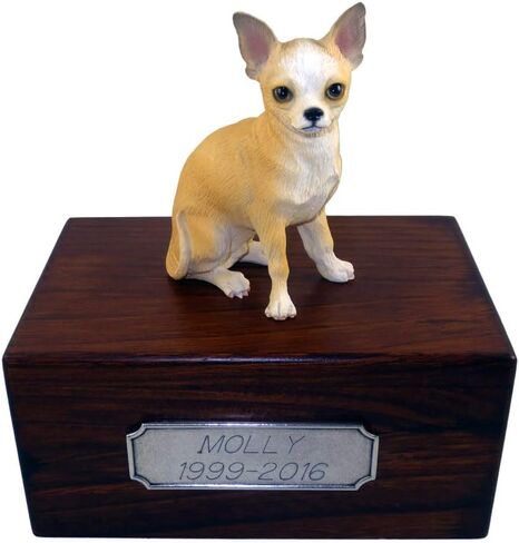 Conversation Concepts Beautiful Paulownia Small Wooden Urn with White & Tan Chihuahua Figurine & Personalized Pewter Engraving in Saudi Arabia