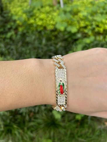 مجوهرات Joyas Tri Color أساور مريم العذراء غوادالوبي المملوءة بالذهب عيار 18 قيراط للنساء، أساور للرجال Pulsera de la Virgen de Guadalupe.Chapa de Oro.Oro Laminado. in Saudi Arabia