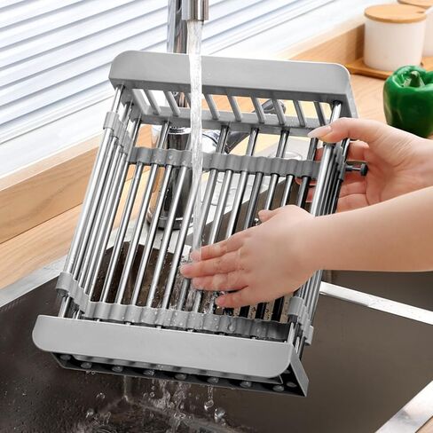 Dish Drying Rack, Adjustable Stainless Steel Drainer Basket Drain Tray for Dishes, Vegetables, and Fruit, On or in Sink Kitchen Basket (Black) in Saudi Arabia