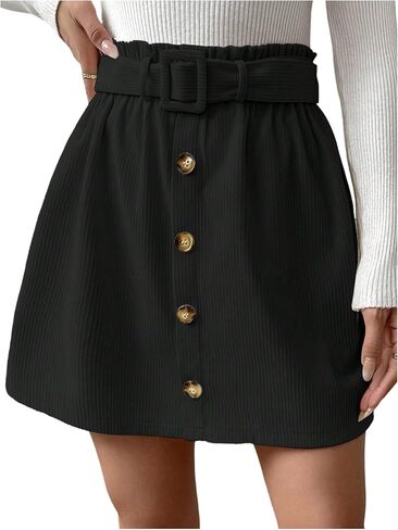 SHENHE Women's High Waist Paperbag Skirt Button Front A Line Fall Corduroy Mini Skirt with Belt in Saudi Arabia