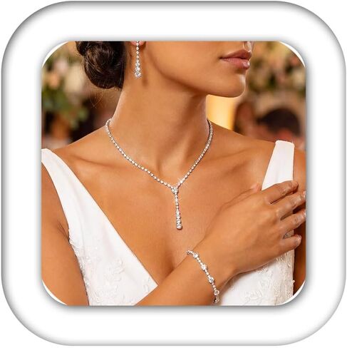 Aukmla Rhinestone Wedding Prom Jewelry Sets Silver Necklaces and Earring Bracelet Set for Brides and Women in Saudi Arabia