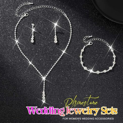 Aukmla Rhinestone Wedding Prom Jewelry Sets Silver Necklaces and Earring Bracelet Set for Brides and Women in Saudi Arabia