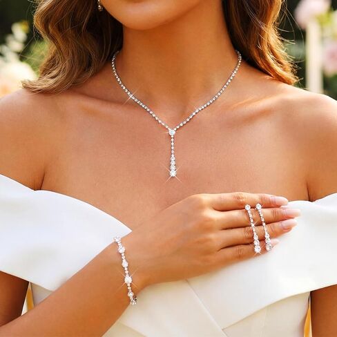 Aukmla Rhinestone Wedding Prom Jewelry Sets Silver Necklaces and Earring Bracelet Set for Brides and Women in Saudi Arabia