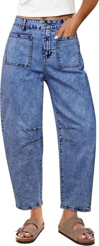 GRAPENT Barrel Jeans for Women Trendy Cropped High Waisted Patch Pocket Baggy Stretch Denim Pants Casual Wide Leg Jeans in Saudi Arabia