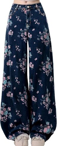 Sidefeel Jeans for Women Wide Leg High Waist Baggy Boyfriends Straight Leg Stretchy Floral Print Denim Pants in Saudi Arabia