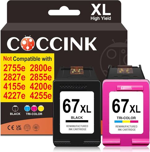 COCCINK 67XL Ink Cartridges for HP DeskJet 2800e 2842e 2852e 2855e 2755e 4133e 4155e 4255e Envy 6000 6052e 6055e 6058 6065e 6400 6452e 6455e 6458e Printers for HP Ink 67 XL Black Color Combo Pack in Kuwait