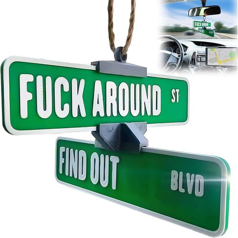 شماعة لافتة شارع مطبوعة ثلاثية الأبعاد - مرآة سيارة مضحكة وديكورات منزلية، هدية مبتكرة للشاحنة والجراج، قلادة داخلية للسيارة مع تحذير أمني (أسود) in Kuwait