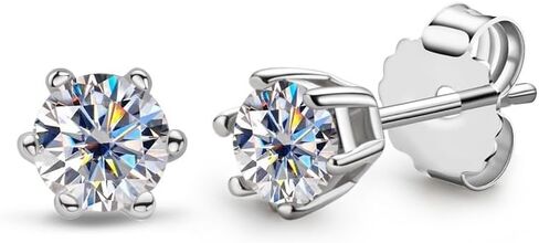 Classic 6-Prong Moissanite Stud Earrings for Women Men, 0.2ct-2ct TW D Color VVS1 Round Brilliant Cut Diamond Earrings, 14K White or Yellow Gold Plated 925 Sterling Silver Solitaire Studs, Hypoallergenic Everyday Luxury Jewelry Gift in Saudi Arabia