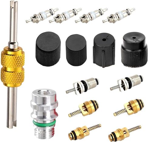 7 PCS Car Air Conditioning Valve Core Kit, A/C Refrigeration Valve Stem Cores, Anti-Leakage AC High & Low Pressure Port Caps, AC Valve Core Removal Tool for Most Cars (Black) in Saudi Arabia