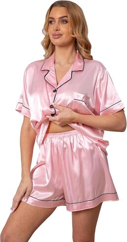 Vopmocld Women Sexy Satin Pajama Short Sets Button Down Silk 2 Piece Nighty Cute Loungewear with Chest Pocket Lady S-2XL in Saudi Arabia