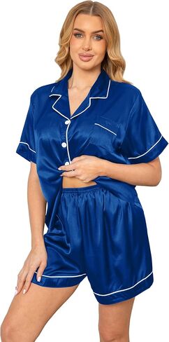 Vopmocld Women Sexy Satin Pajama Short Sets Button Down Silk 2 Piece Nighty Cute Loungewear with Chest Pocket Lady S-2XL in Saudi Arabia
