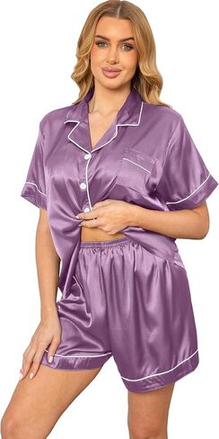 Vopmocld Women Sexy Satin Pajama Short Sets Button Down Silk 2 Piece Nighty Cute Loungewear with Chest Pocket Lady S-2XL in Saudi Arabia