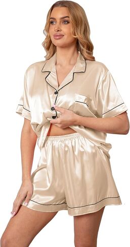 Vopmocld Women Sexy Satin Pajama Short Sets Button Down Silk 2 Piece Nighty Cute Loungewear with Chest Pocket Lady S-2XL in Saudi Arabia