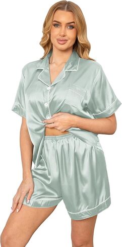 Vopmocld Women Sexy Satin Pajama Short Sets Button Down Silk 2 Piece Nighty Cute Loungewear with Chest Pocket Lady S-2XL in Saudi Arabia