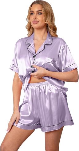 Vopmocld Women Sexy Satin Pajama Short Sets Button Down Silk 2 Piece Nighty Cute Loungewear with Chest Pocket Lady S-2XL in Saudi Arabia