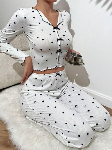 Women's Lounge Sets Long Sleeve Tops and Long Pants Pajamas Set Ruffles Soft Heart Sleepwear 2 Piece Pjs in Saudi Arabia