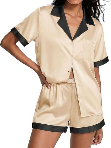 Ekouaer Womens Silk Satin Pajamas Set Short Sleeve Sleepwear Button Down Loungewear 2 Piece Pjs Shorts Set in Saudi Arabia