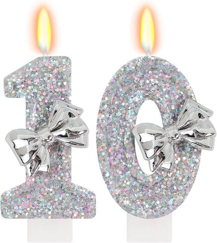 Silver Bow Birthday Candles - Number 10 Candle with Shiny Glitter, Girl Sliver Cake Topper, 10th Birthday Decorations for Girls in Saudi Arabia