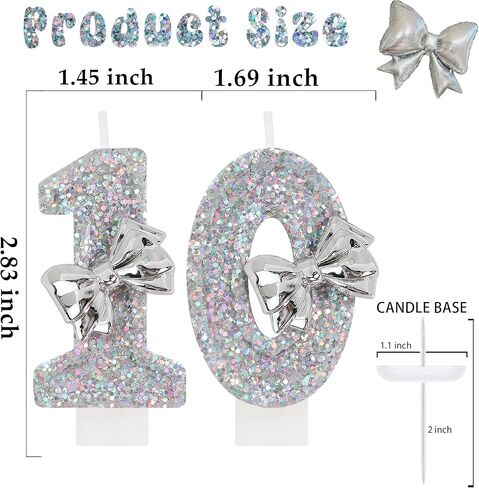 Silver Bow Birthday Candles - Number 10 Candle with Shiny Glitter, Girl Sliver Cake Topper, 10th Birthday Decorations for Girls in Saudi Arabia