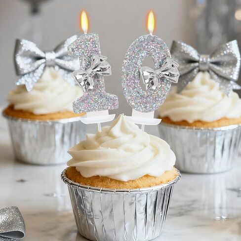 Silver Bow Birthday Candles - Number 10 Candle with Shiny Glitter, Girl Sliver Cake Topper, 10th Birthday Decorations for Girls in Saudi Arabia