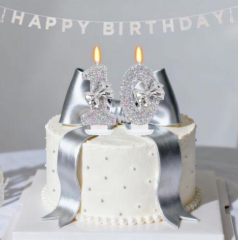 Silver Bow Birthday Candles - Number 10 Candle with Shiny Glitter, Girl Sliver Cake Topper, 10th Birthday Decorations for Girls in Saudi Arabia