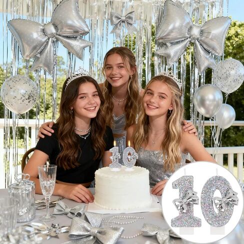 Silver Bow Birthday Candles - Number 10 Candle with Shiny Glitter, Girl Sliver Cake Topper, 10th Birthday Decorations for Girls in Saudi Arabia