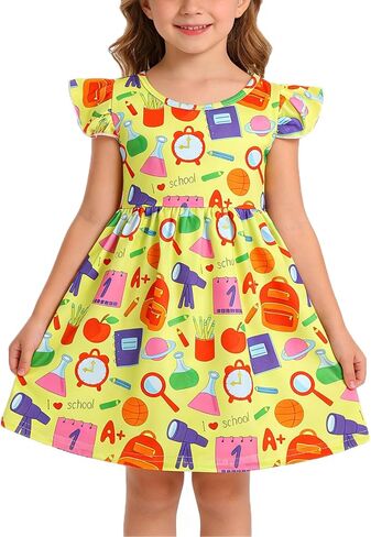 فساتين مطبوعة للفتيات الصغيرات للعودة إلى المدرسة بأكمام مرفرفة ملابس مدرسية من 2 إلى 8 سنوات in Kuwait