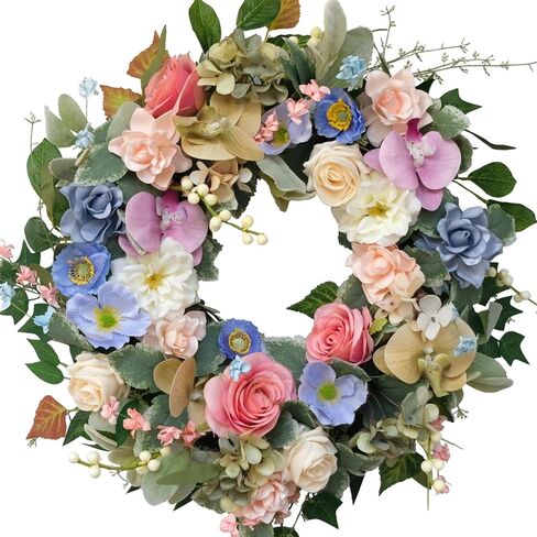 22" Artificial Flower Wreath, Colorful Spring/Summer Floral Wreaths with Roses Orchid Gardenia Hydrangea for Front Door Wall Window Holiday Festival Party Banquet Wedding Decor in Saudi Arabia