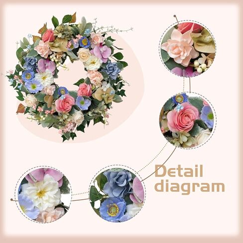 22" Artificial Flower Wreath, Colorful Spring/Summer Floral Wreaths with Roses Orchid Gardenia Hydrangea for Front Door Wall Window Holiday Festival Party Banquet Wedding Decor in Saudi Arabia