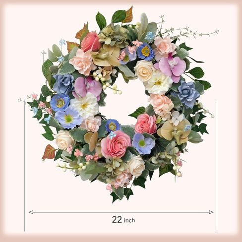 22" Artificial Flower Wreath, Colorful Spring/Summer Floral Wreaths with Roses Orchid Gardenia Hydrangea for Front Door Wall Window Holiday Festival Party Banquet Wedding Decor in Saudi Arabia