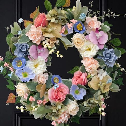 22" Artificial Flower Wreath, Colorful Spring/Summer Floral Wreaths with Roses Orchid Gardenia Hydrangea for Front Door Wall Window Holiday Festival Party Banquet Wedding Decor in Saudi Arabia