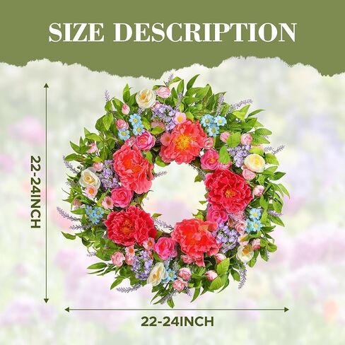 إكليل الربيع للباب الأمامي 24 بوصة، أكاليل الصيف مع الفاوانيا الكبيرة لديكور المنزل وعيد الفصح الداخلي والخارجي واحتفالات الزفاف in Kuwait