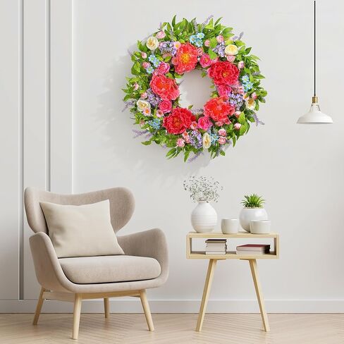 إكليل الربيع للباب الأمامي 24 بوصة، أكاليل الصيف مع الفاوانيا الكبيرة لديكور المنزل وعيد الفصح الداخلي والخارجي واحتفالات الزفاف in Kuwait