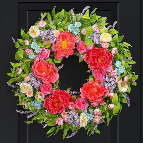 إكليل الربيع للباب الأمامي 24 بوصة، أكاليل الصيف مع الفاوانيا الكبيرة لديكور المنزل وعيد الفصح الداخلي والخارجي واحتفالات الزفاف in Kuwait