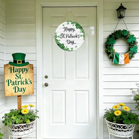 St Patricks Day Wreath Happy St Patricks Day Door Decorations Shamrock Decorations Hanging Sign Wooden Shamrock Wreath Front Door Hanger for Porch Wall Indoor Home Decor in Saudi Arabia