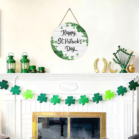 St Patricks Day Wreath Happy St Patricks Day Door Decorations Shamrock Decorations Hanging Sign Wooden Shamrock Wreath Front Door Hanger for Porch Wall Indoor Home Decor in Saudi Arabia