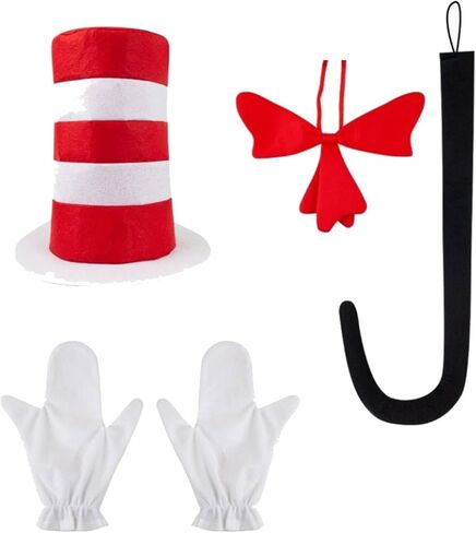 Kirei Sui 5-Piece Red & White Striped Cat Hat Costume Set Big Bowtie Tail Gloves Halloween Accessories Kit Cosplay for Adults in Saudi Arabia