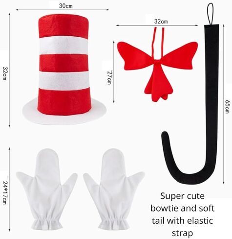 Kirei Sui 5-Piece Red & White Striped Cat Hat Costume Set Big Bowtie Tail Gloves Halloween Accessories Kit Cosplay for Adults in Saudi Arabia