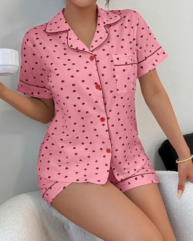 Pajamas for Women Set 2 Piece Cotton Pj Sets for Woman Cute Short Sleeve Button Down Loungewear Soft & Comfortable（S-XL） in Kuwait