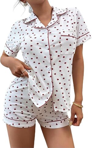 Pajamas for Women Set 2 Piece Cotton Pj Sets for Woman Cute Short Sleeve Button Down Loungewear Soft & Comfortable（S-XL） in Kuwait