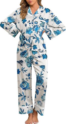 Jusfitsu Women's Silk Satin Pajamas for Women Set Long Sleeve 2 Piece Cute Ruffle Button Down Pjs Sets Soft Loungewear in Kuwait