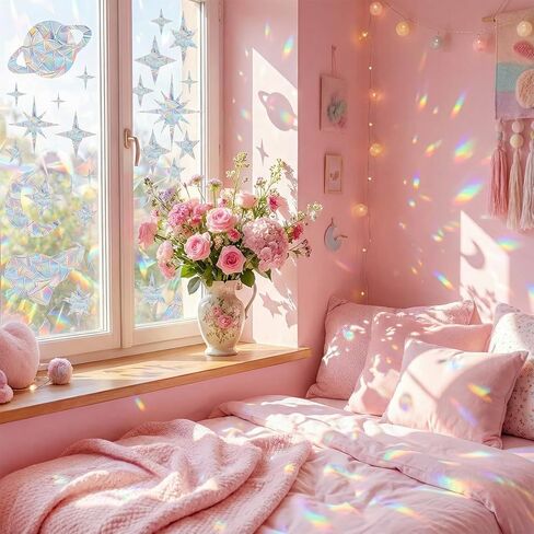 61 Pcs Sun Catcher Stickers, Anti-Collision Window Decals Star Moon Window Clings Star Moon Rainbow Prismatic Decals Non-Adhesive Reusable in Saudi Arabia