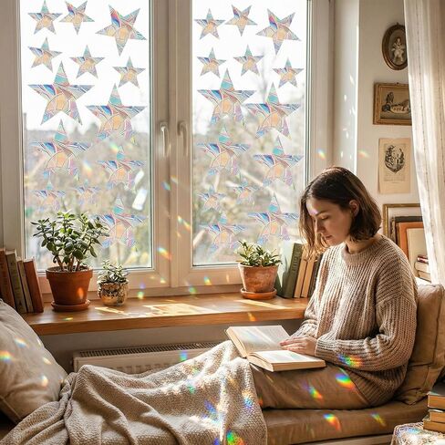 61 Pcs Sun Catcher Stickers, Anti-Collision Window Decals Star Moon Window Clings Star Moon Rainbow Prismatic Decals Non-Adhesive Reusable in Saudi Arabia