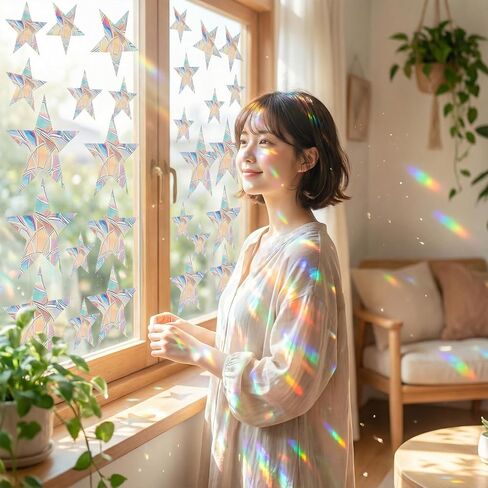 61 Pcs Sun Catcher Stickers, Anti-Collision Window Decals Star Moon Window Clings Star Moon Rainbow Prismatic Decals Non-Adhesive Reusable in Saudi Arabia