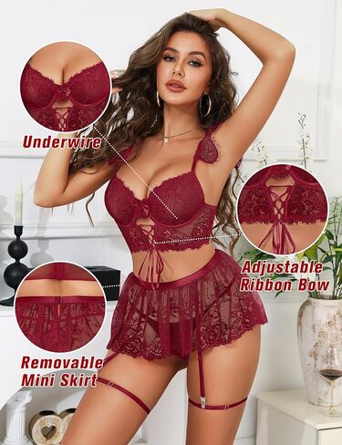 Lingerie Sets for Women Underwire Sexy Rave Outfits Lace Up Corset Garter Lingerie Bra and Skirt Sets with G-String in Saudi Arabia