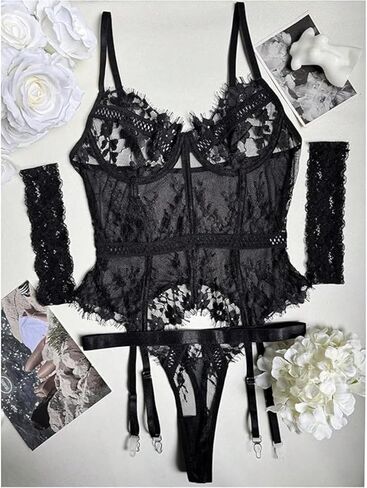 2 Pcs - Lingerie for Women Lace Corset and Panty Outfits Garter Lingerie Sets in Saudi Arabia