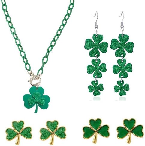 ONLYJUMP 4 Pairs St Patricks Day Necklace Earrings Jewelry Set for Women Irish Festival Shamrock Necklaces Stud Earring Irish Holiday Jewelry in Saudi Arabia