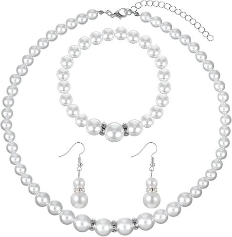 Yolev Pearl Jewelry Set for Women White Faux Pearl Earrings and Necklace Bracelet Set Rhinestone Crystal Pearl Set Jewelry for Women Bridal Wedding Birthday Valentine Christmas Day Gifts in Saudi Arabia