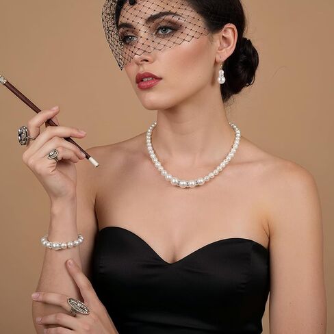 Yolev Pearl Jewelry Set for Women White Faux Pearl Earrings and Necklace Bracelet Set Rhinestone Crystal Pearl Set Jewelry for Women Bridal Wedding Birthday Valentine Christmas Day Gifts in Saudi Arabia
